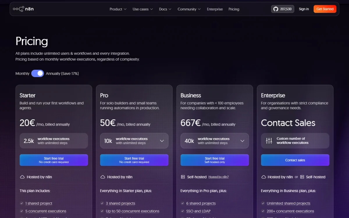 n8n pricing page, first screen