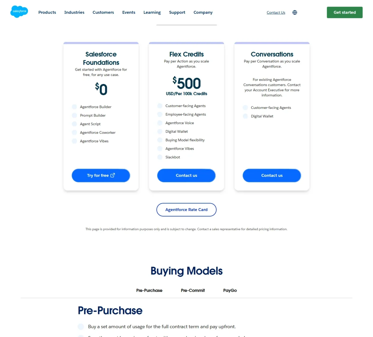 Agentforce pricing page with Salesforce Foundations, Flex Credits and Conversations