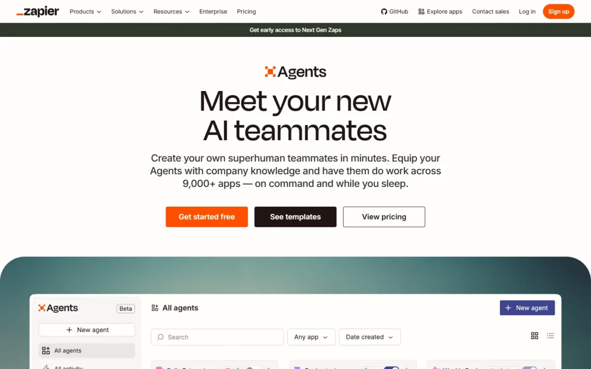 Zapier Agents homepage, first screen