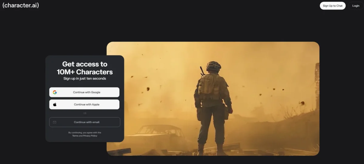 Character.AI homepage, first screen