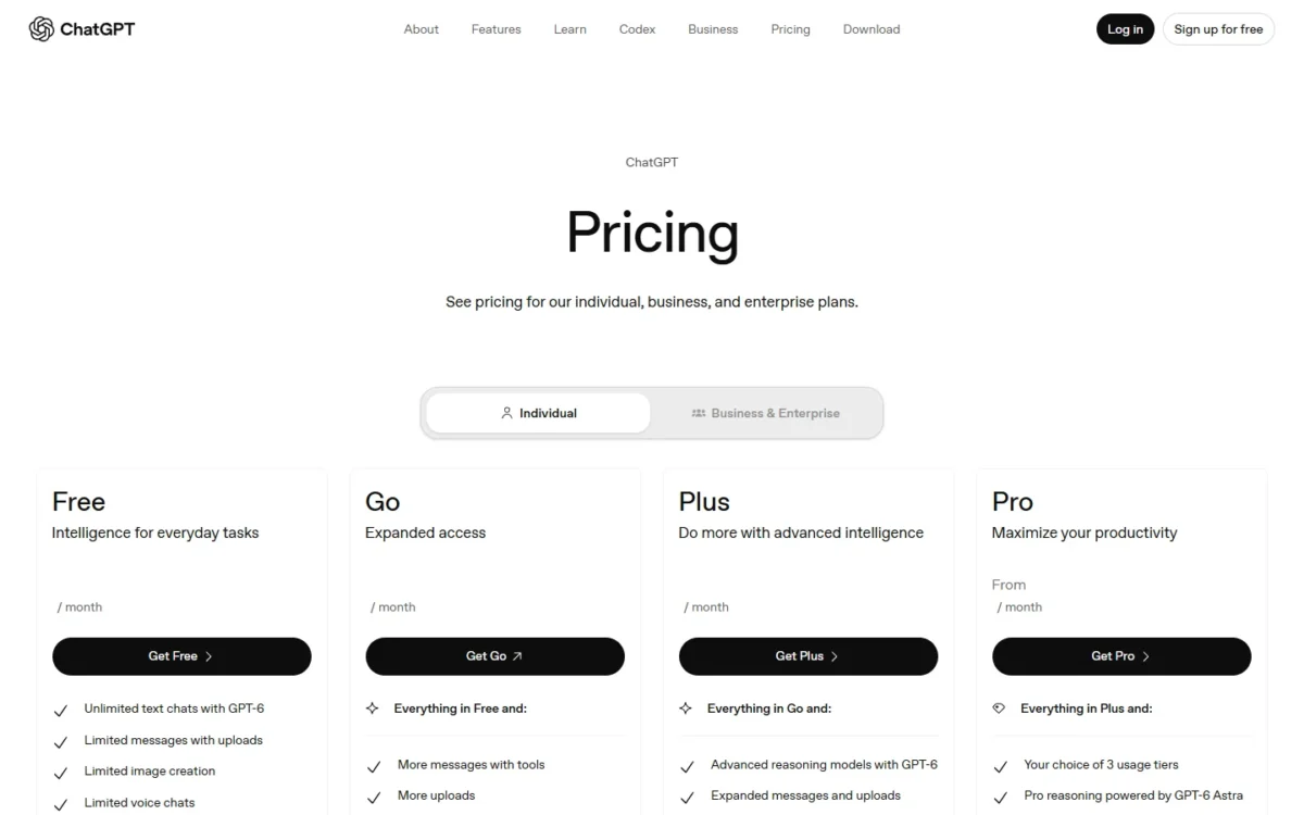 ChatGPT pricing page with the Free, Go, Plus and Pro plans