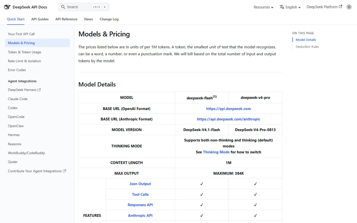 DeepSeek API models and pricing page