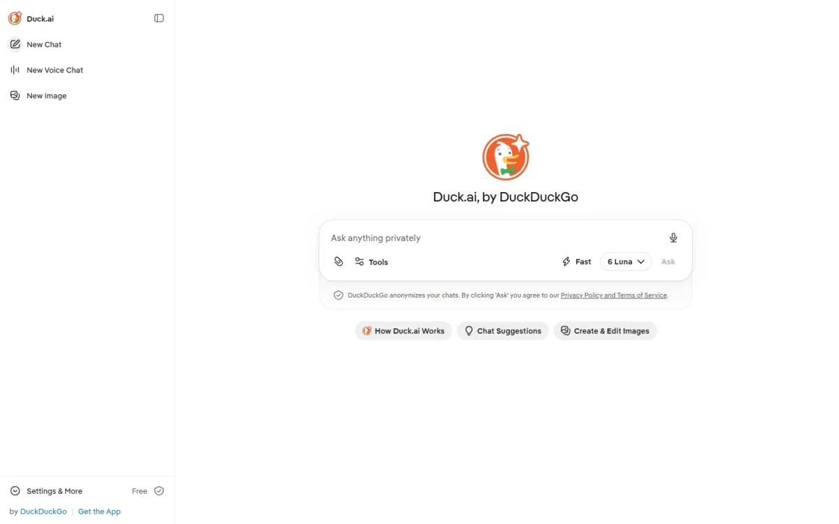 Duck.ai homepage, first screen