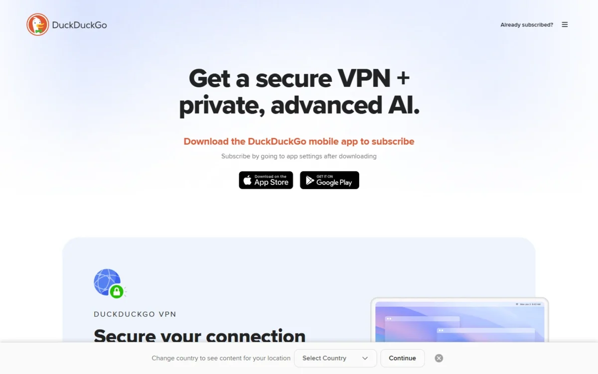 DuckDuckGo subscription page with VPN and advanced AI