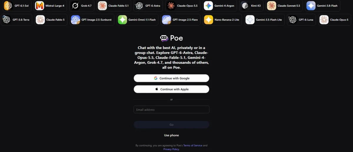 Poe homepage, first screen