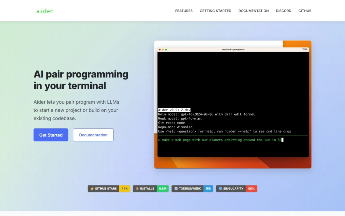 Aider homepage, first screen