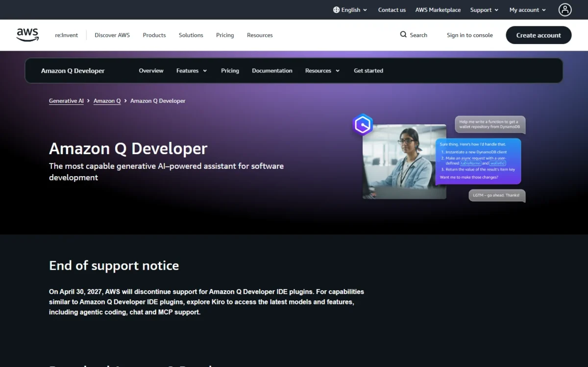 Amazon Q Developer homepage, first screen