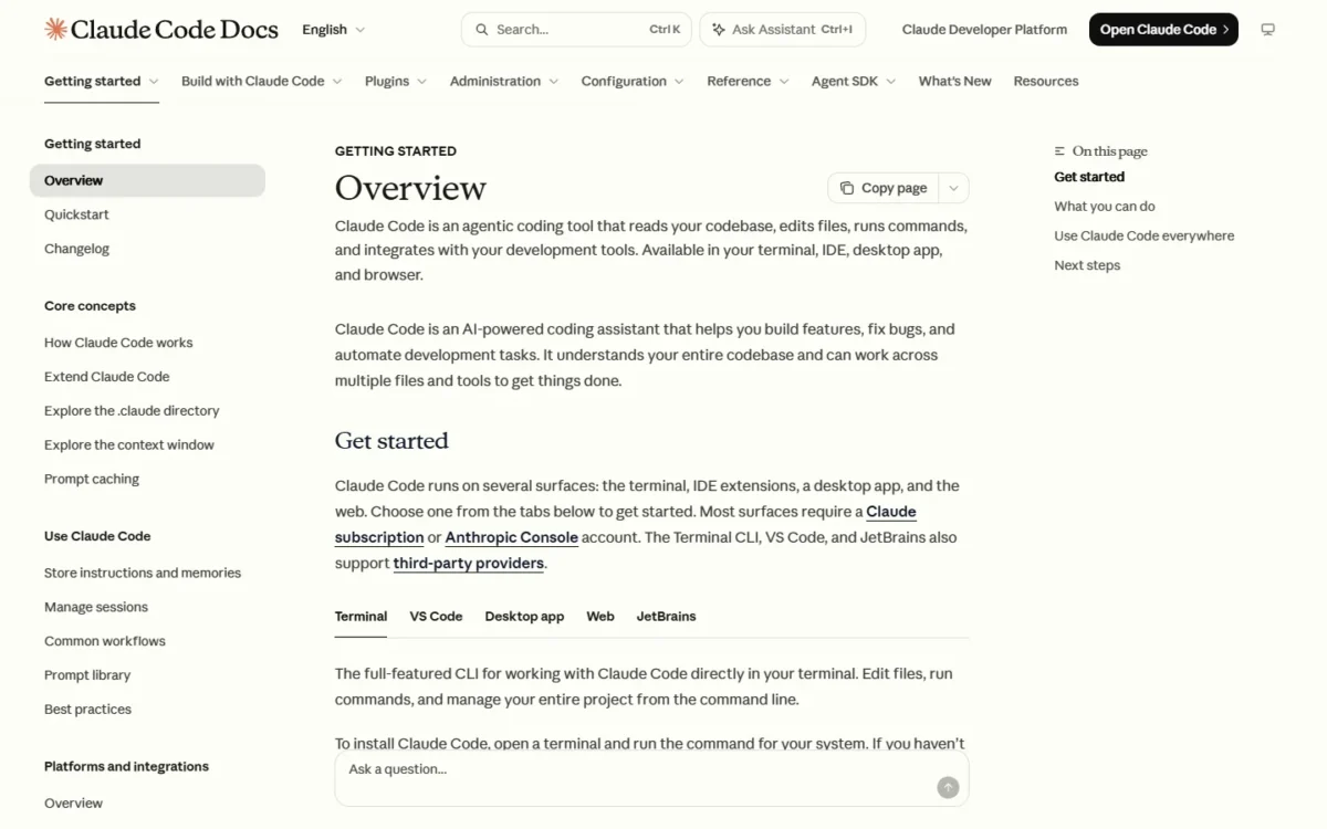 Claude Code documentation overview with its terminal, IDE, desktop and web surfaces