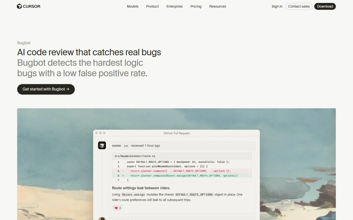 Cursor Bugbot page with a pull request review comment