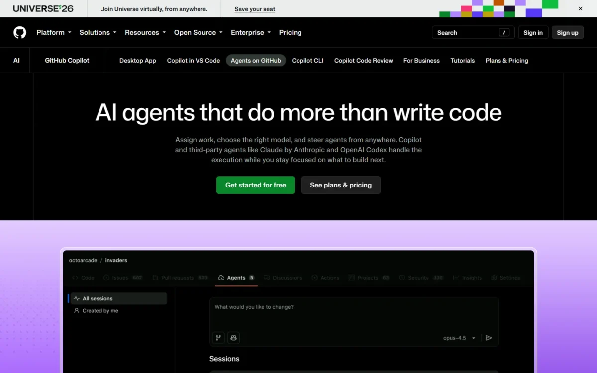 GitHub Copilot agents page with the agent sessions panel