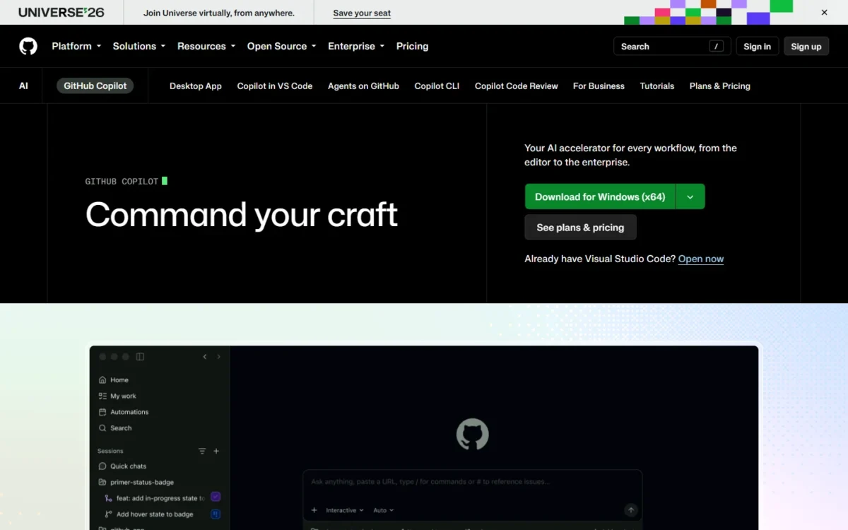 GitHub Copilot homepage, first screen