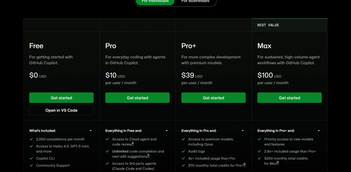 GitHub Copilot pricing page with its plans