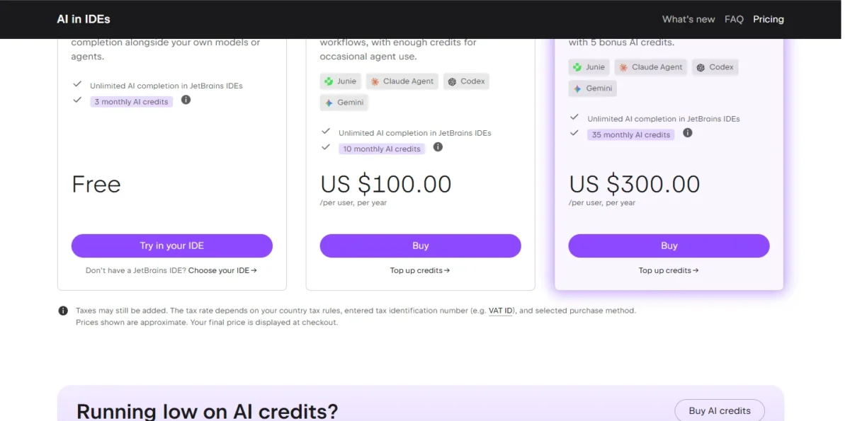 JetBrains AI pricing page with its plans