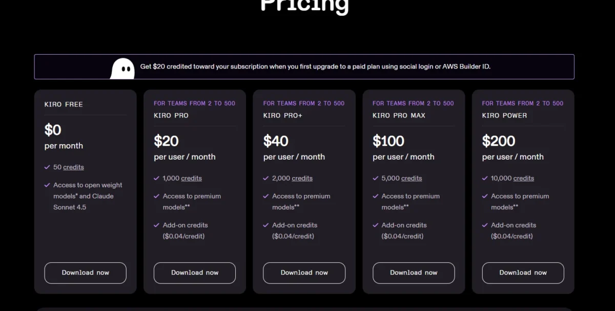 Kiro pricing page with its plans