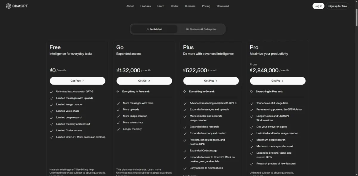 ChatGPT pricing page with the Free, Go, Plus and Pro plan cards