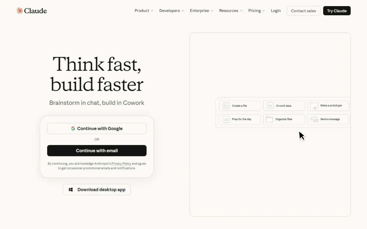 Claude homepage with sign-up options