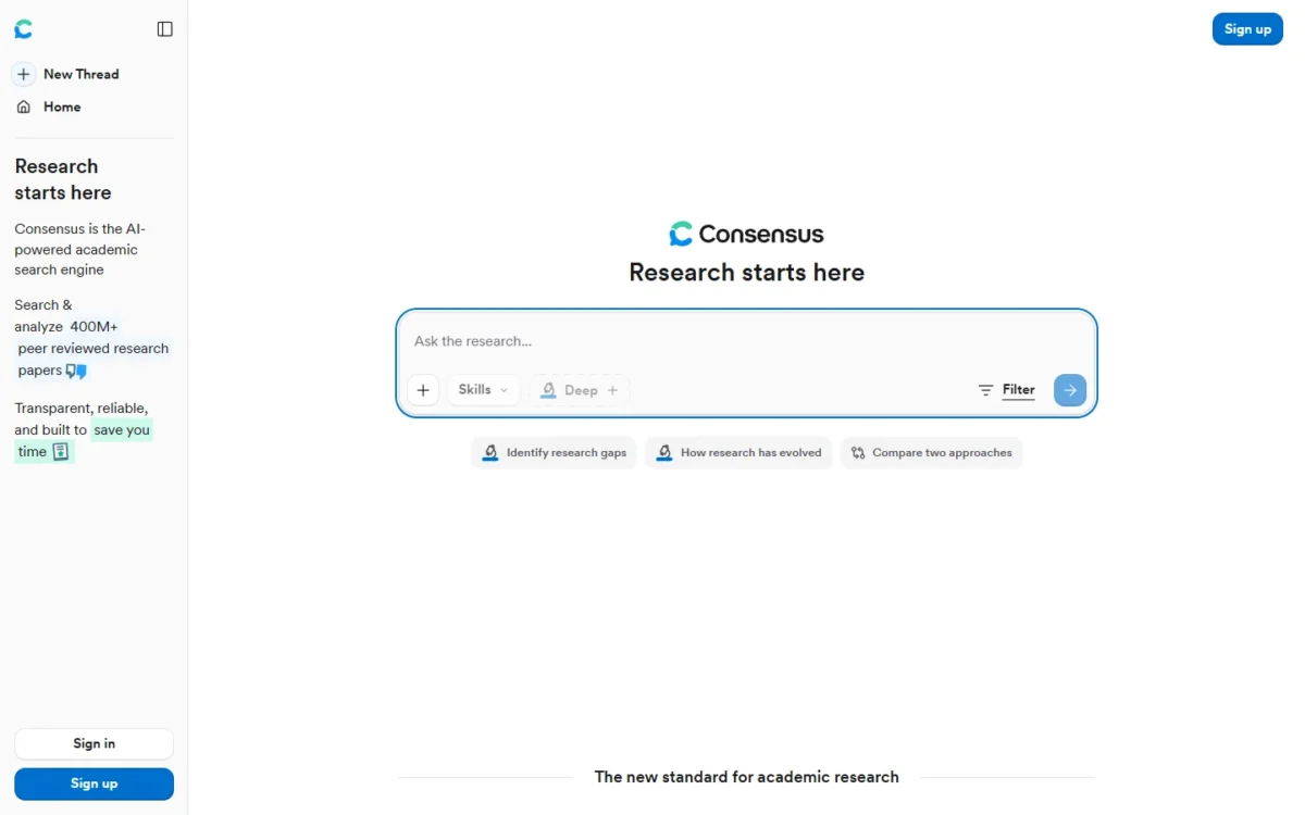 Consensus homepage with the Ask the research search box