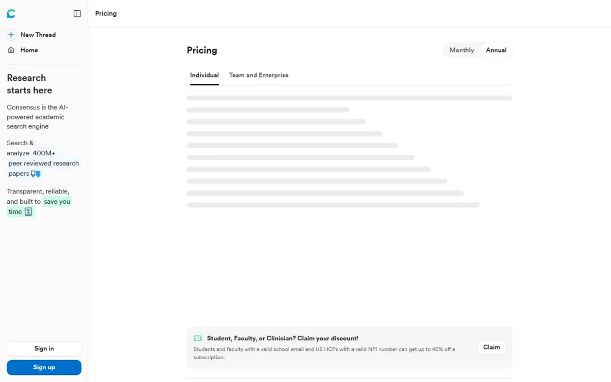 Consensus pricing page with a Monthly and Annual toggle and a student discount note