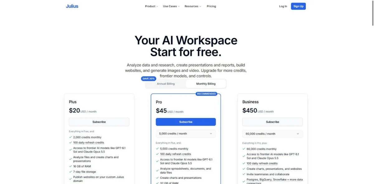 Julius pricing page with the Plus, Pro and Business plan cards