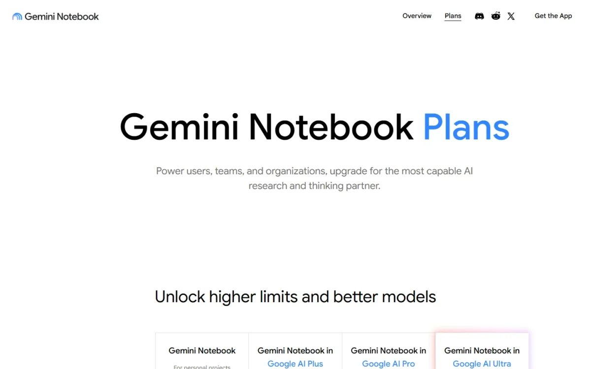Gemini Notebook plans page with columns for Google AI Plus, Pro and Ultra
