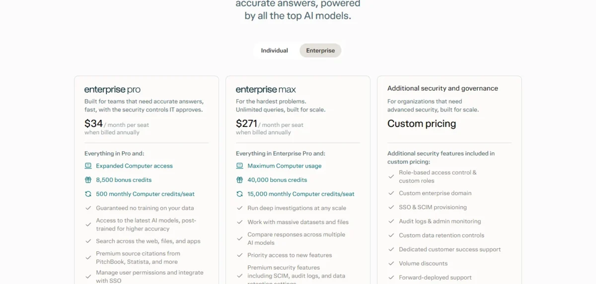 Perplexity Enterprise pricing with Enterprise Pro at $34 and Enterprise Max at $271 per seat per month, billed annually