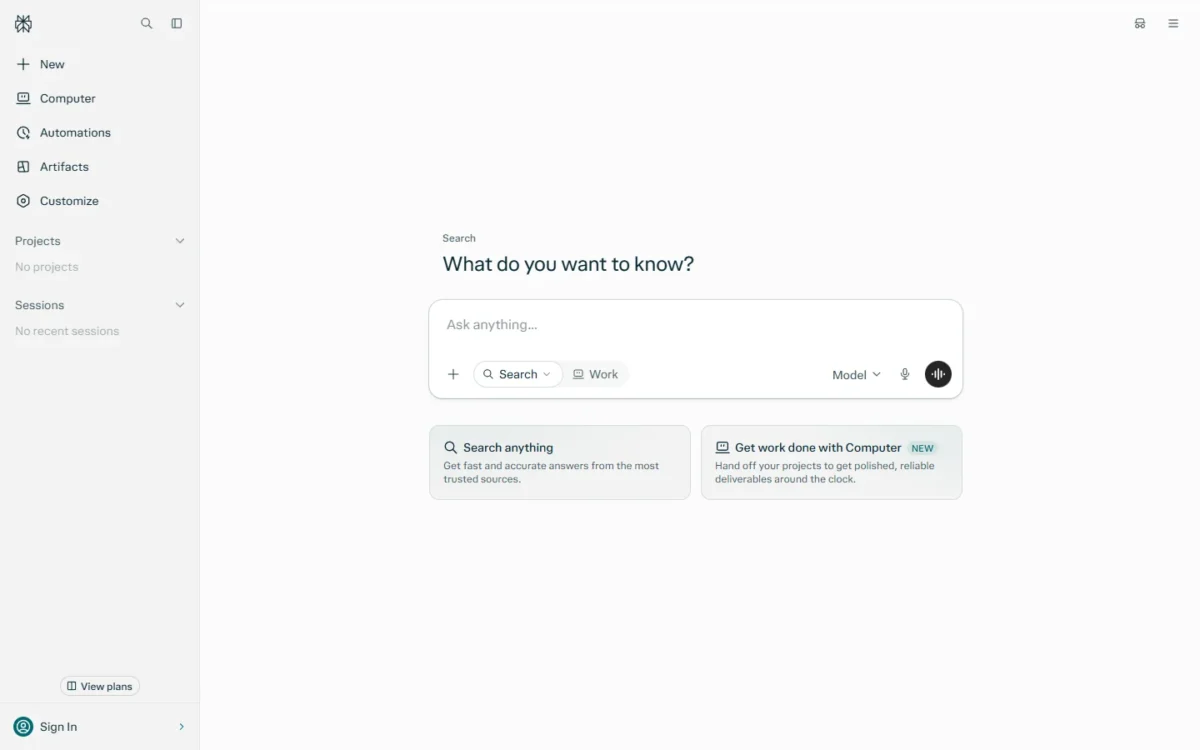 Perplexity homepage with a search box asking What do you want to know?