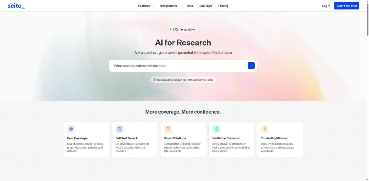 Scite homepage, first screen, with the AI for Research search box