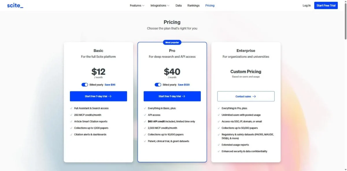 Scite pricing page with the Basic, Pro and Enterprise plan cards