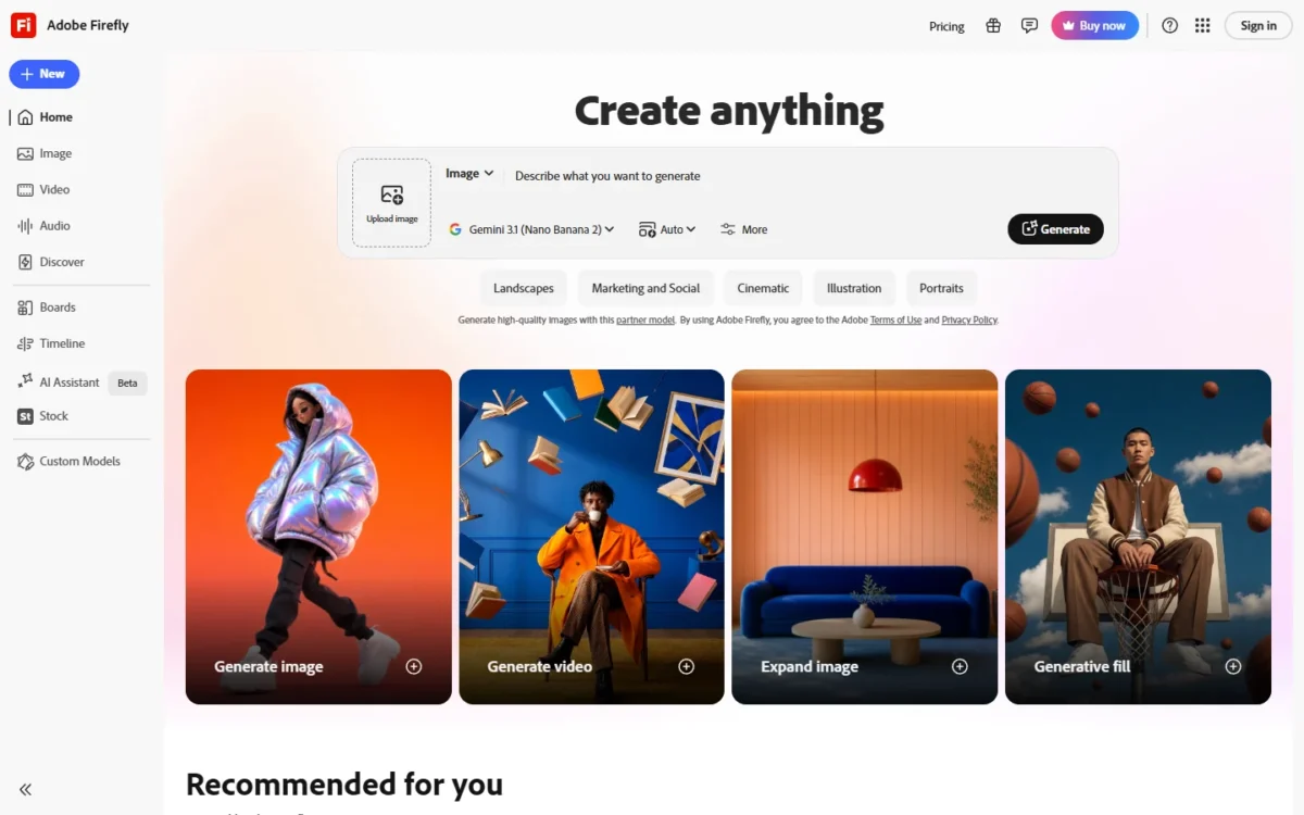 Adobe Firefly homepage, first screen