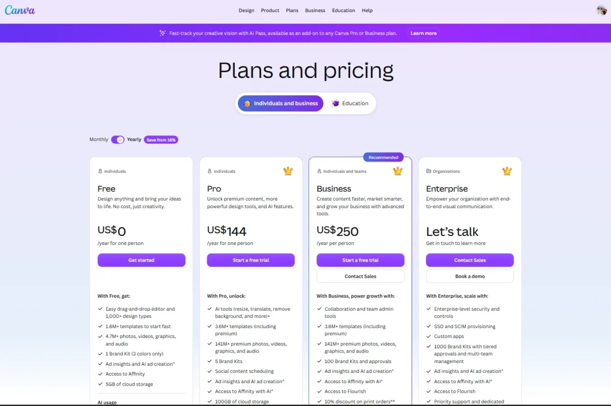 Canva pricing page
