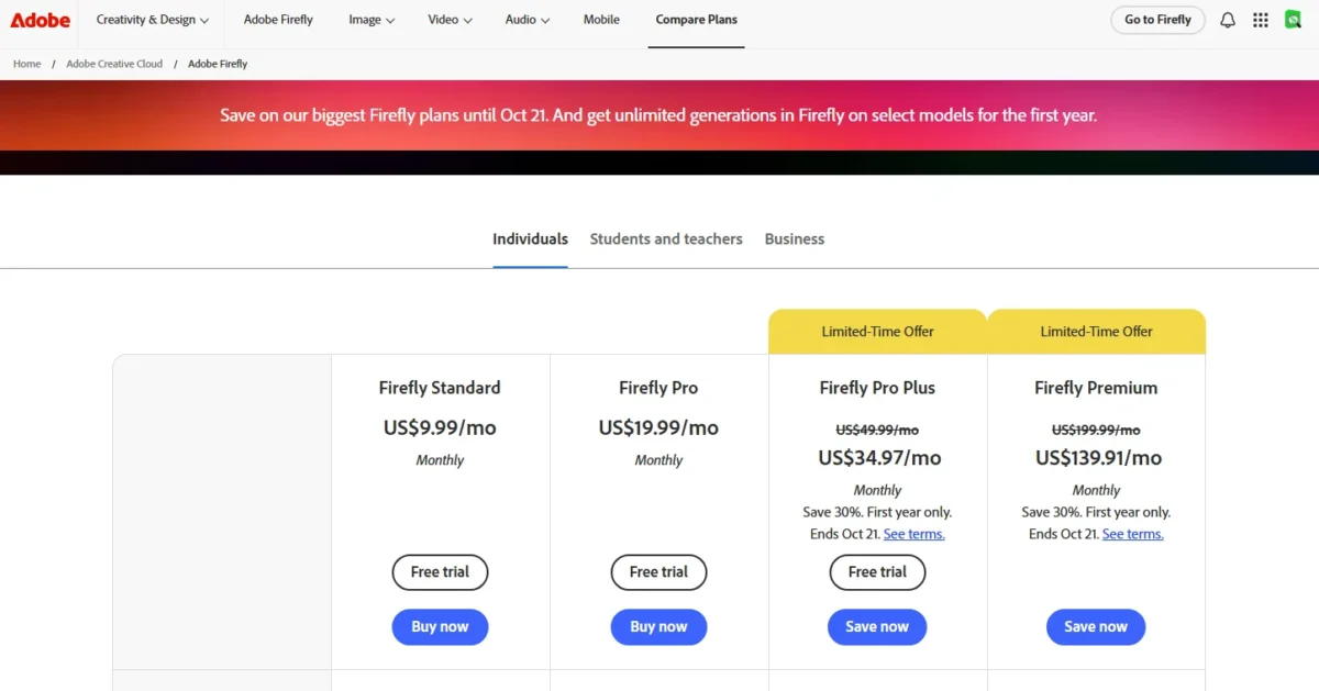 Adobe Firefly pricing page