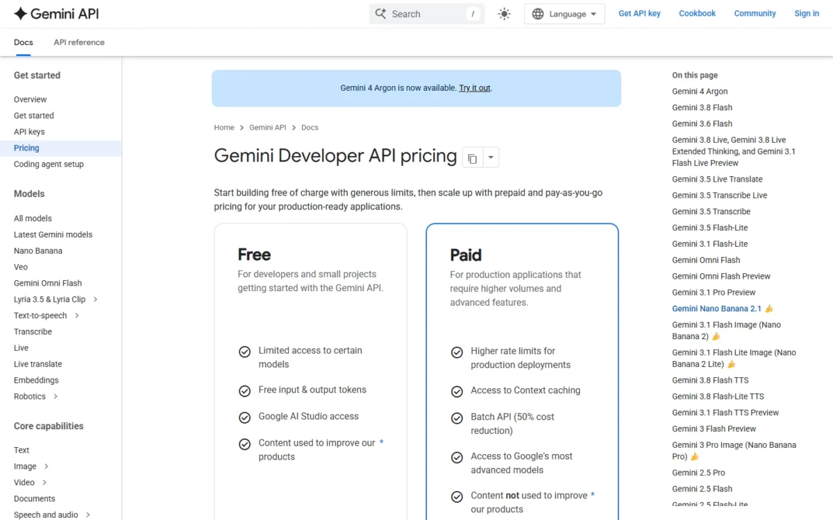 Gemini Developer API pricing page comparing the Free and Paid tiers