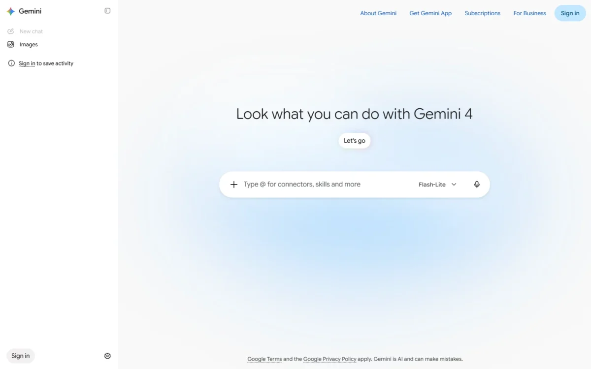 Google Gemini homepage, first screen