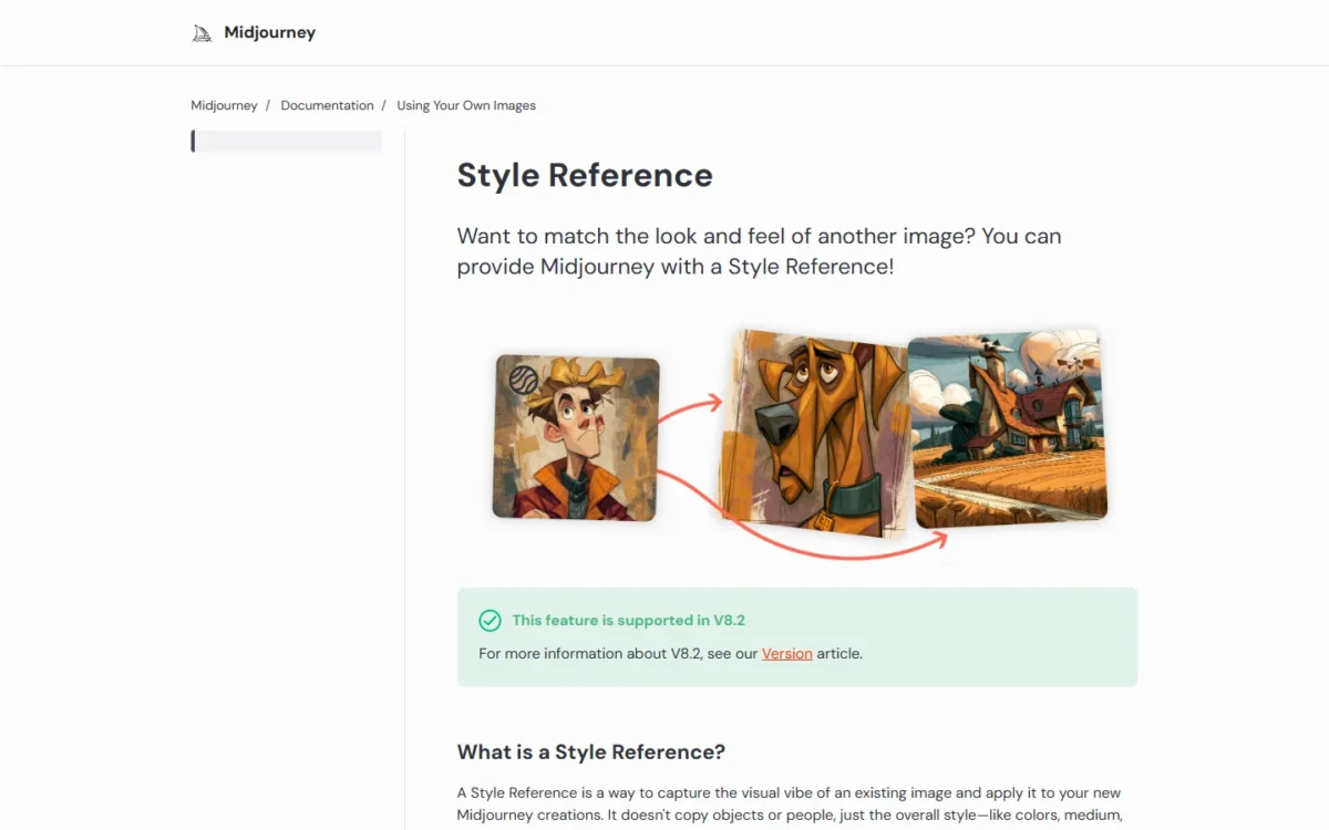 Midjourney documentation page explaining Style Reference with example images