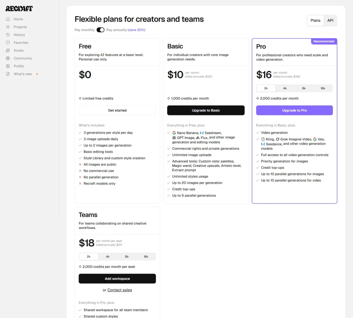 Recraft pricing page with the Free, Basic, Pro and Teams plans