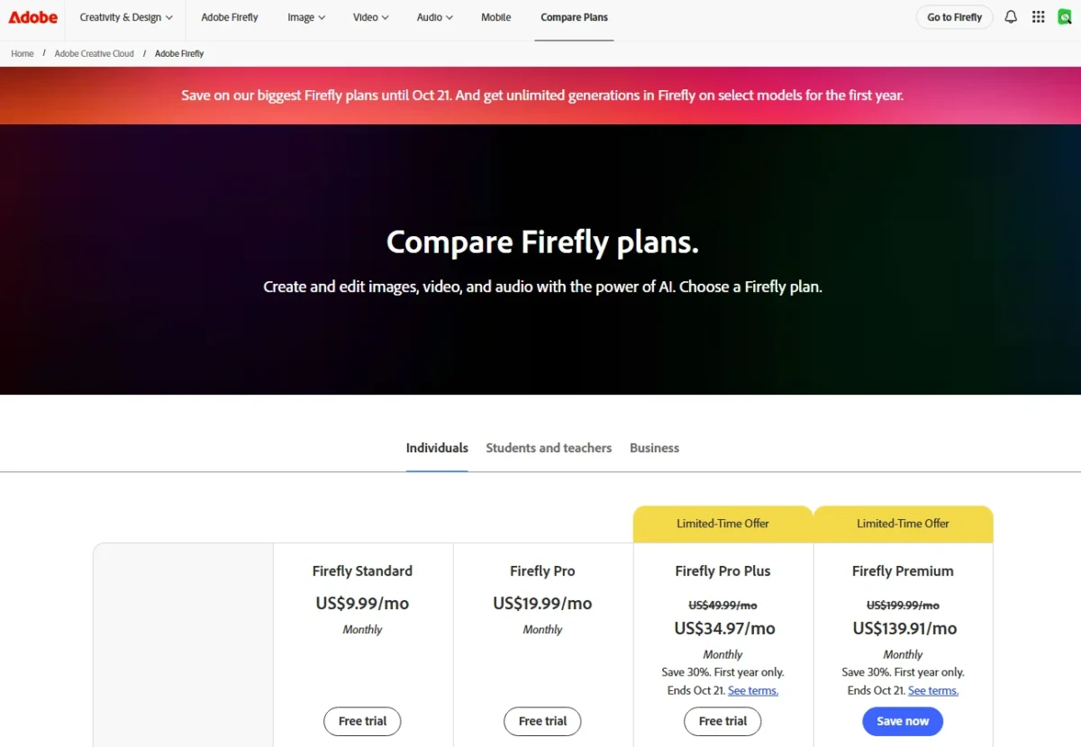Adobe Firefly pricing page