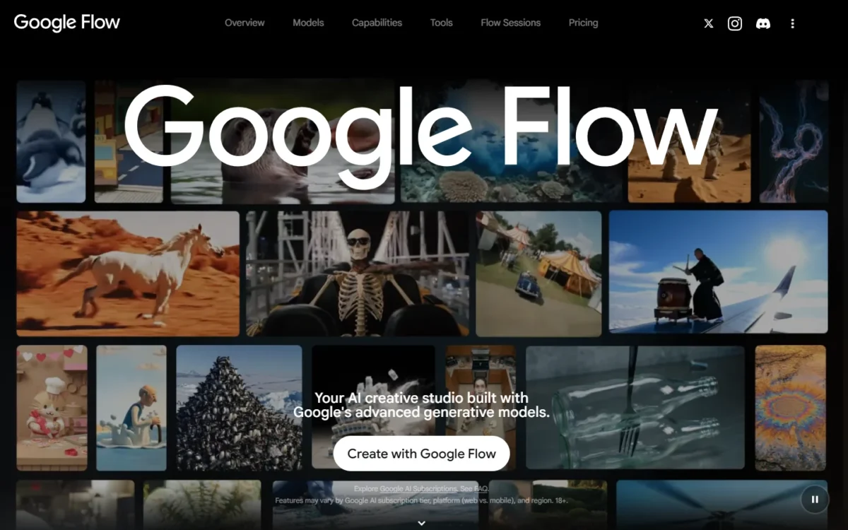 Google Flow homepage, first screen