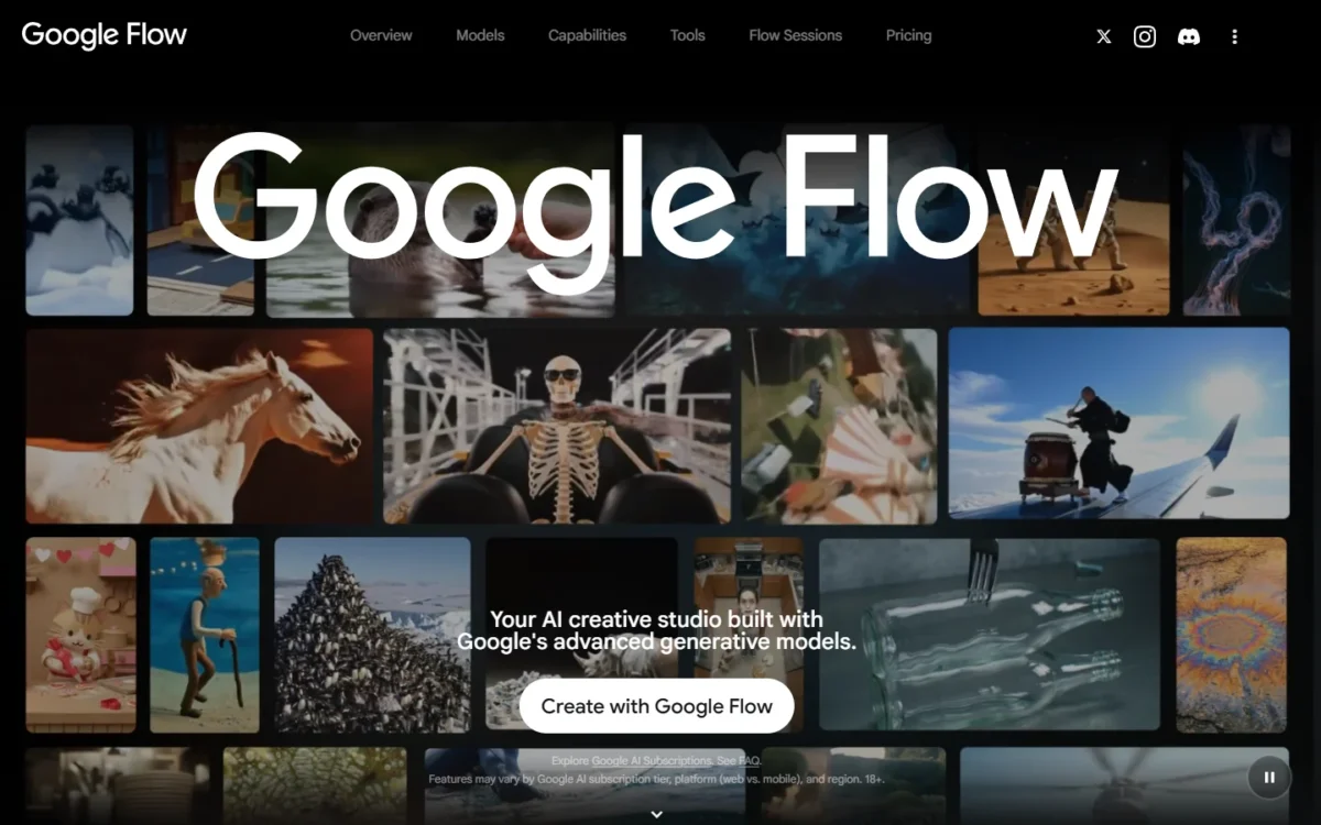 Google Flow page that holds the plan list, first screen with the model showcase