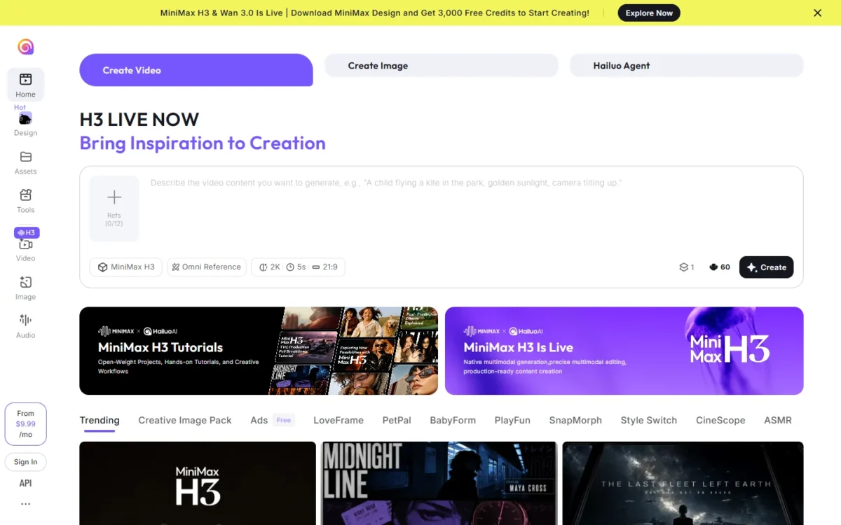 Hailuo AI homepage, first screen