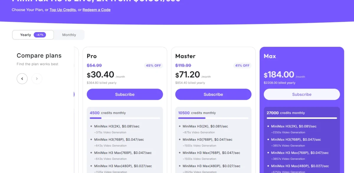 Hailuo AI plans page with the Pro, Master and Max plans in the yearly view