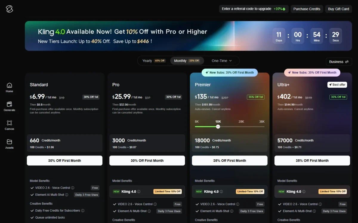 Kling AI membership page with the Standard, Pro, Premier and Ultra+ plans