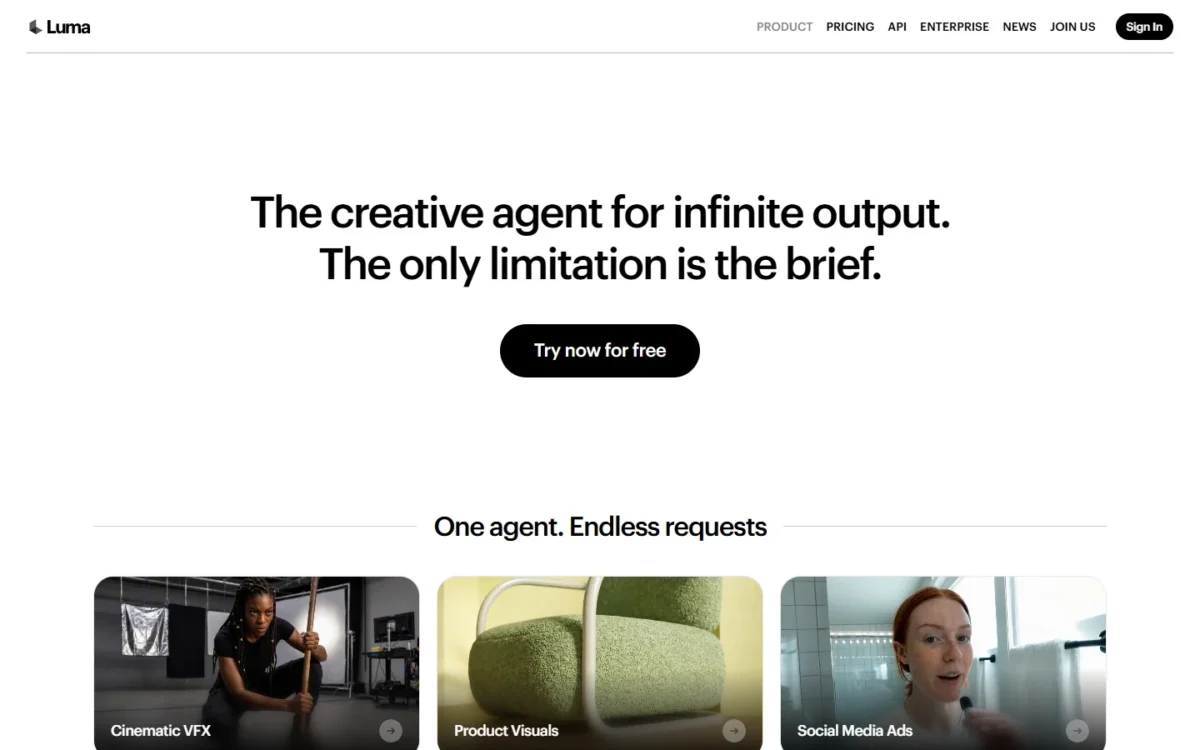 Luma Dream Machine homepage, first screen