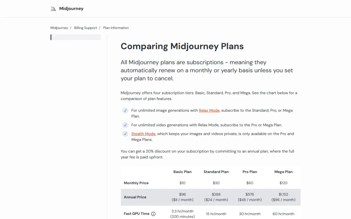 Midjourney plan comparison page with the Basic, Standard, Pro and Mega plans