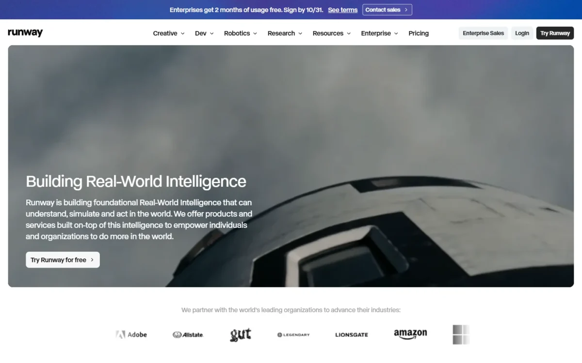 Runway homepage, first screen
