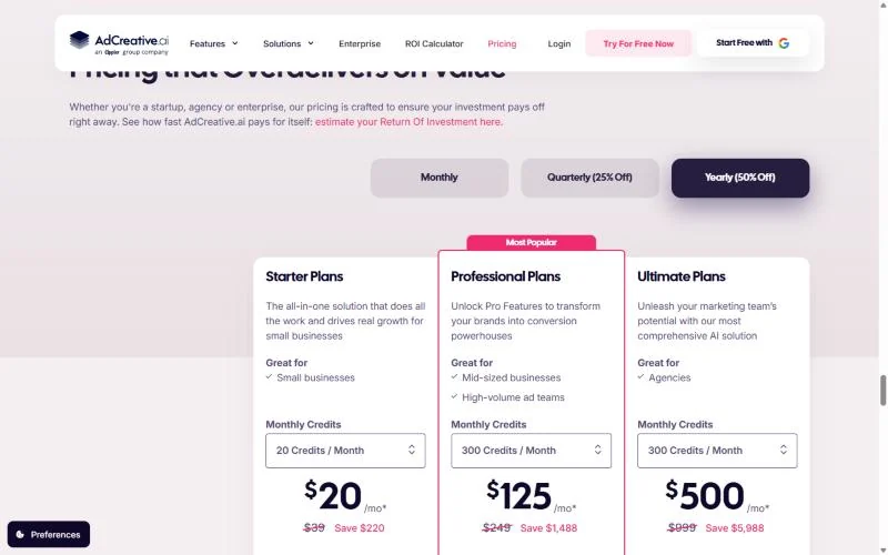 AdCreative.ai pricing page
