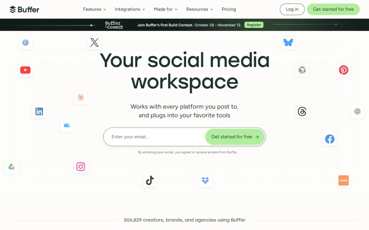Buffer homepage, first screen