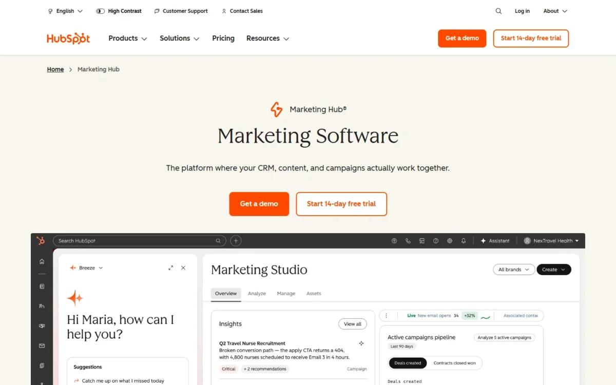 HubSpot Marketing Hub homepage, first screen