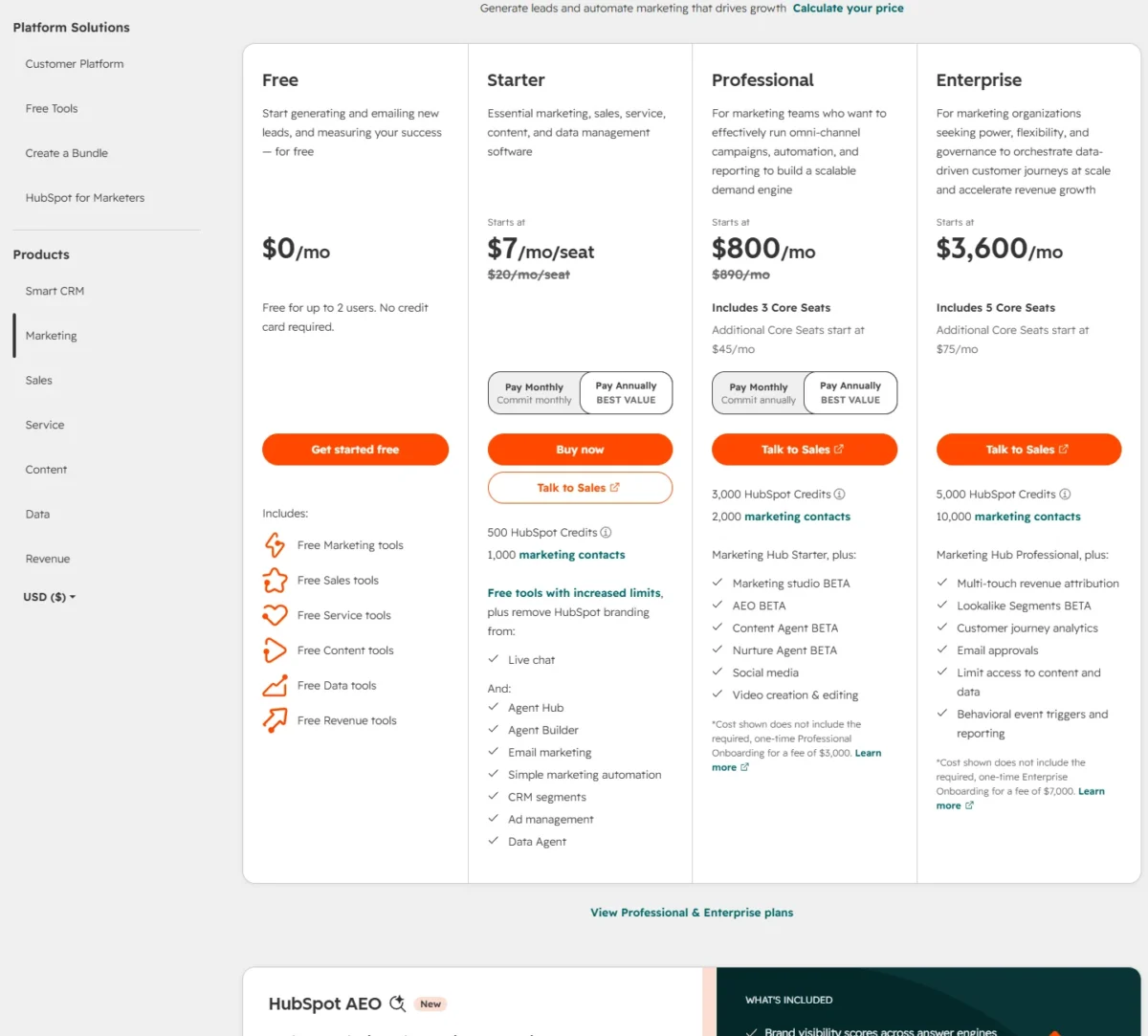 HubSpot Marketing Hub pricing page with Free, Starter, Professional and Enterprise