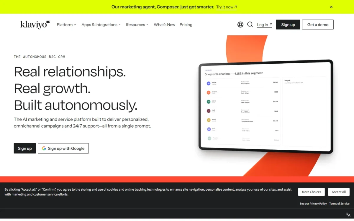 Klaviyo homepage, first screen