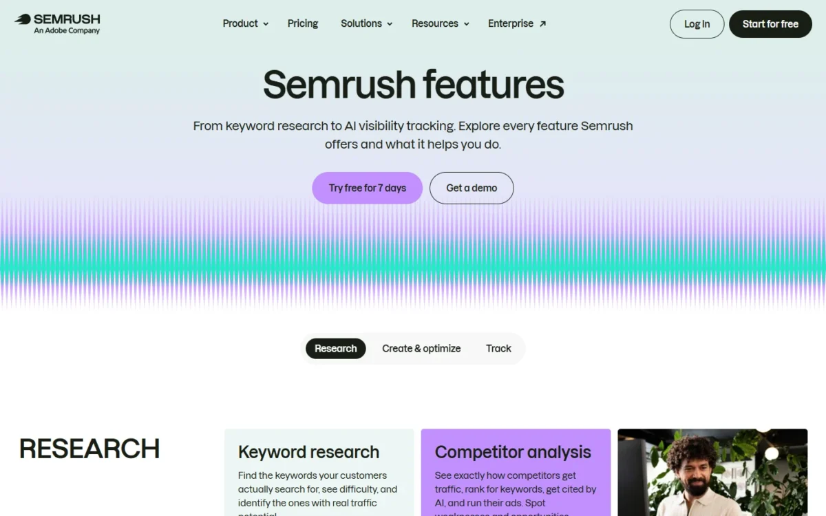 Semrush features page grouping research, create and optimize, and tracking tools